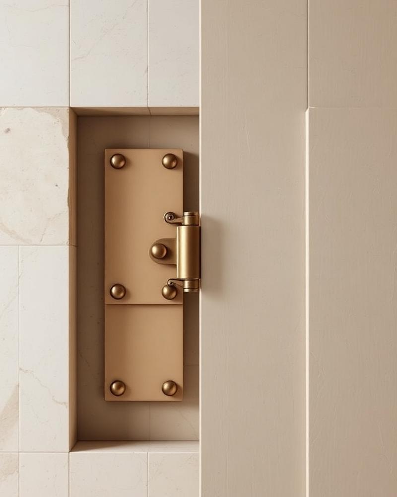 Detail of a hand-forged bronze hinge integrated into stone masonry